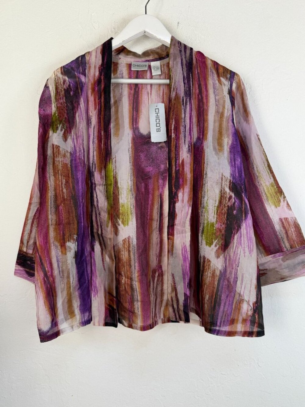 Chico’s Painterly Dreams Silk Kimono Cardigan Abstract Watercolor Size 0/1 New